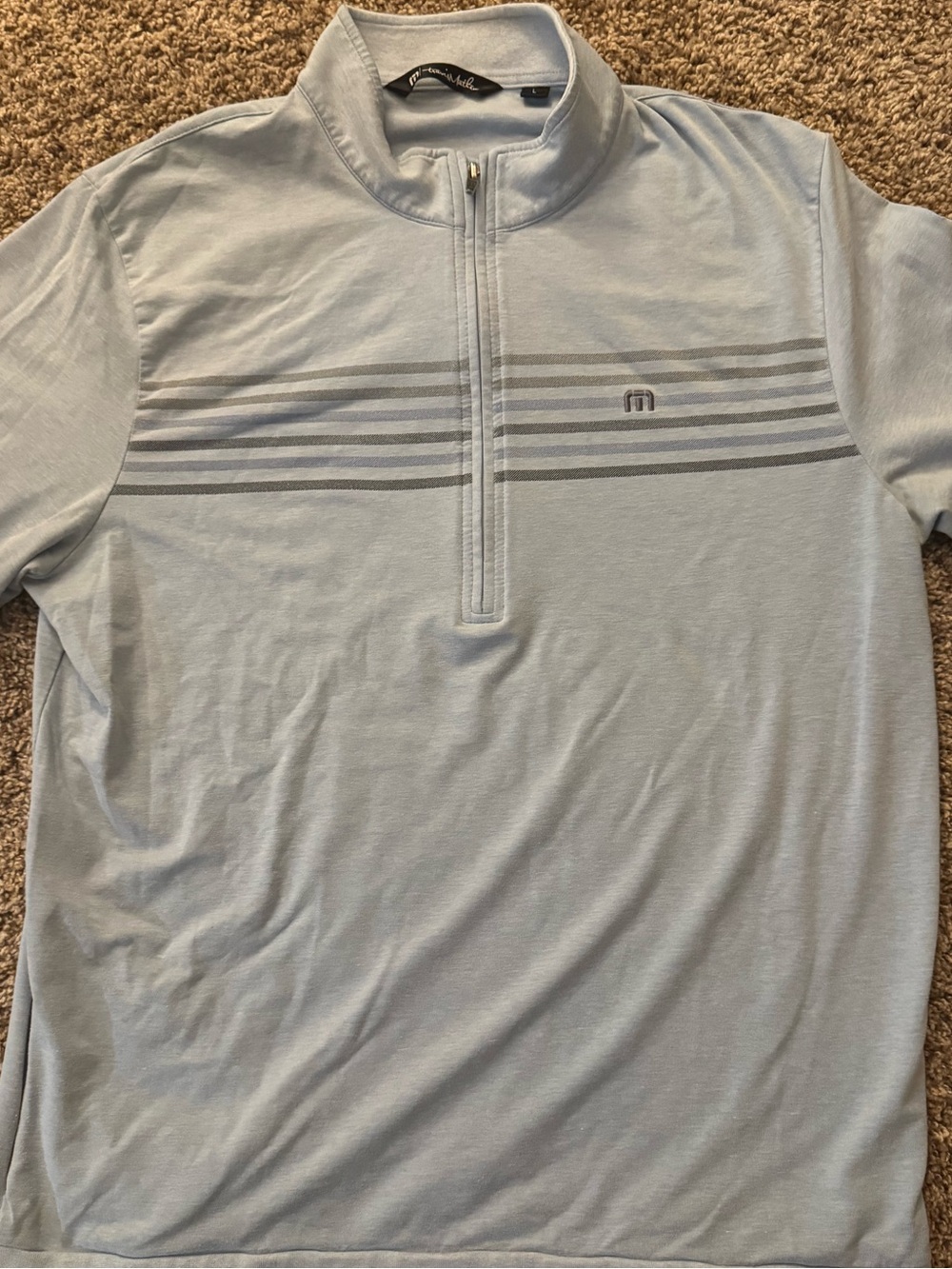 Travis Mathew Light Blue Quarter-Zip Sweater with Gray Stripes